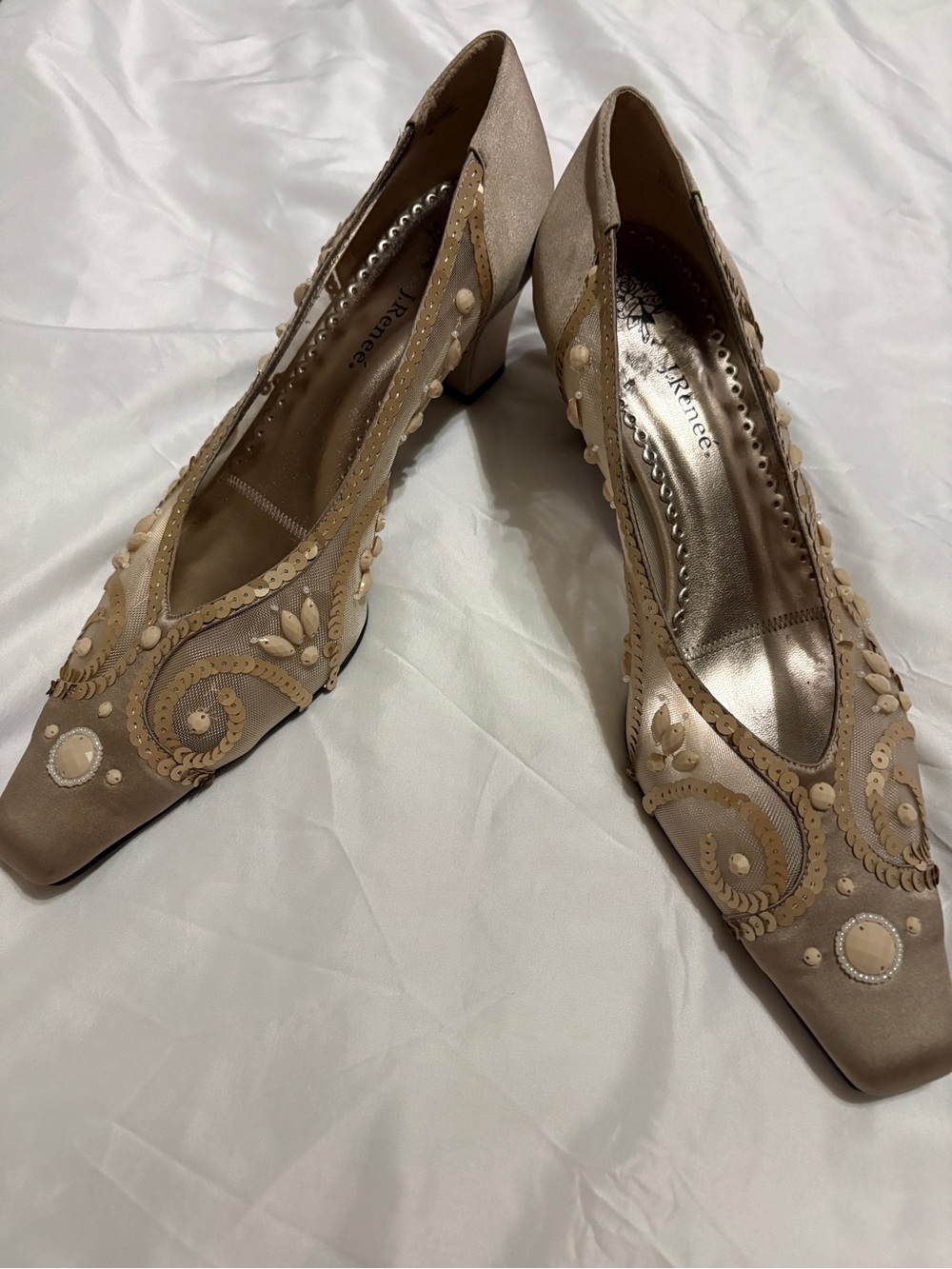 J.Renee Taupe Embellished Block Heel Pumps